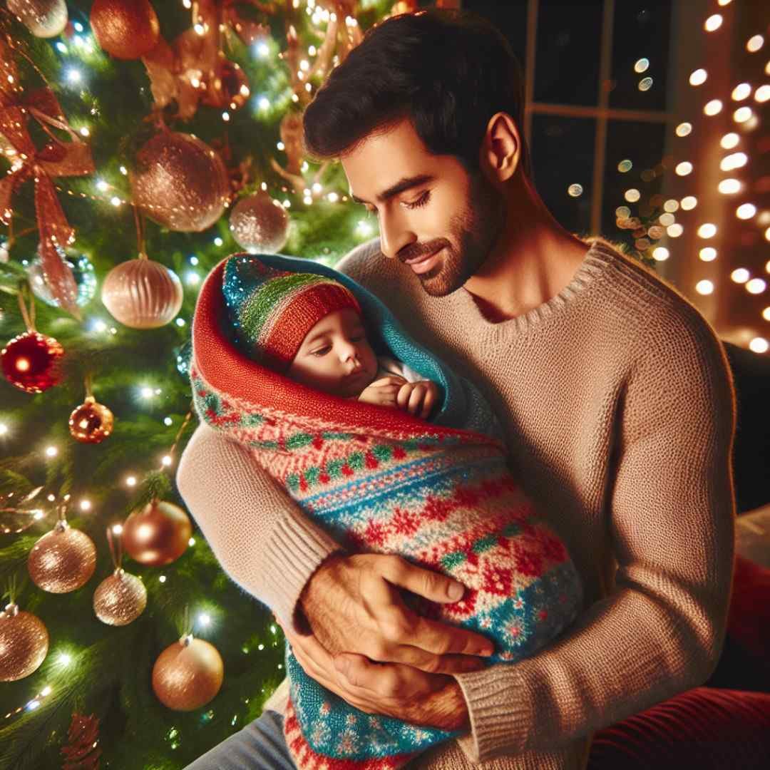 Cozy christmas newborn photoshoot with a baby in a fluffy blanket and fairy lights