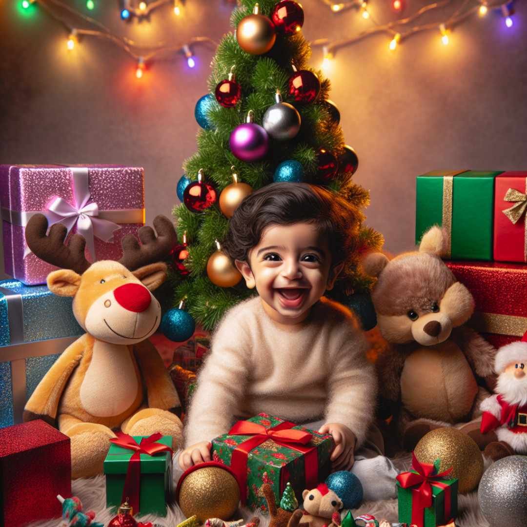 Christmas newborn photoshoot with presents, toys, and a decorated tree.