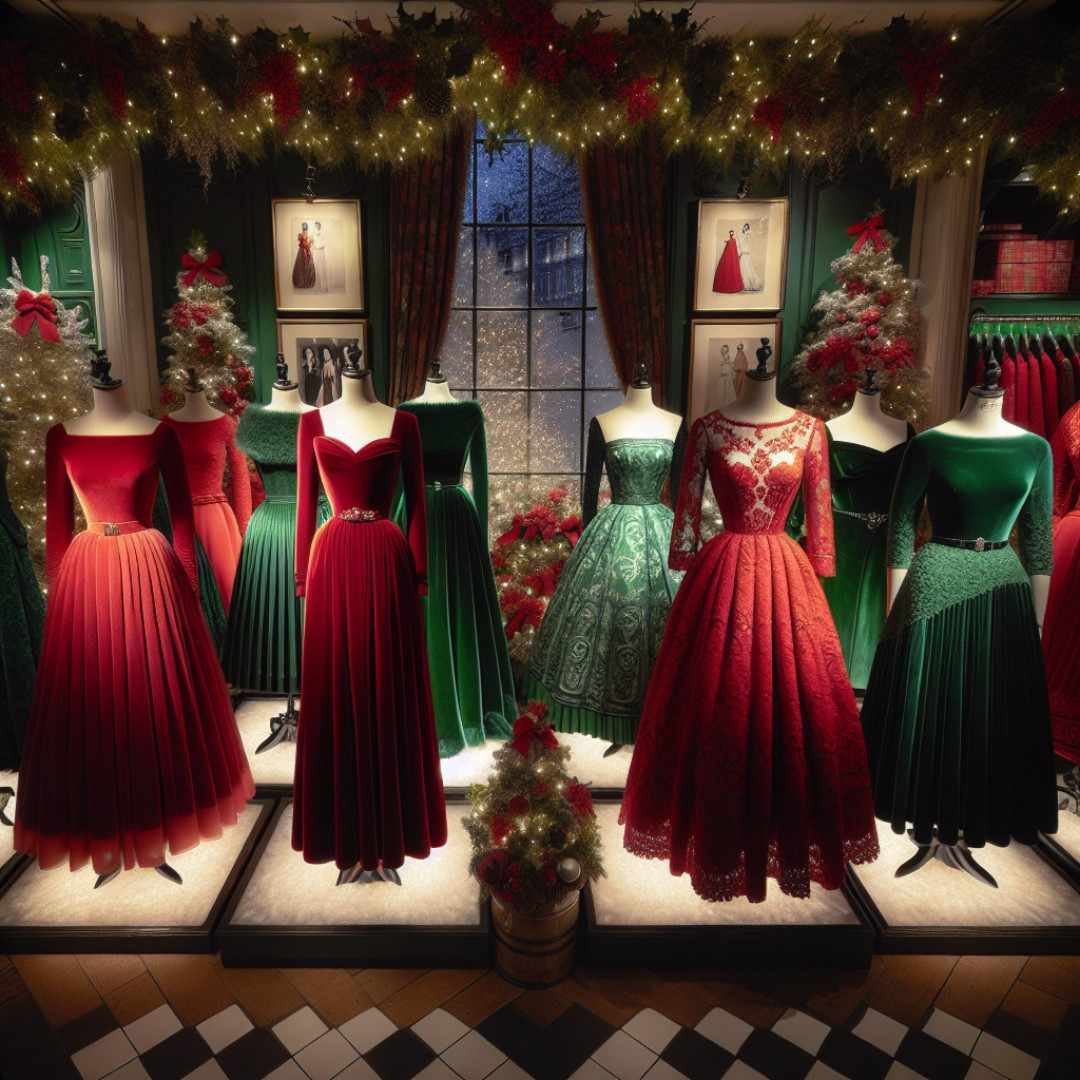 Red and green Christmas party dresses on mannequins in a festive setting.