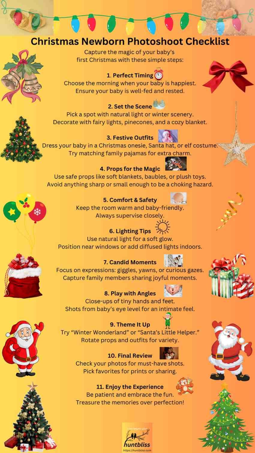 Checklist for a Christmas newborn photoshoot with tips for capturing magical moments.