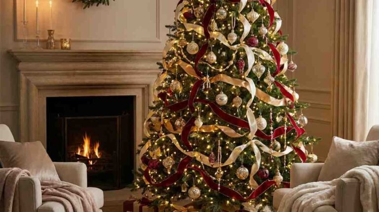 Christmas tree decorated with cascading ribbon garlands