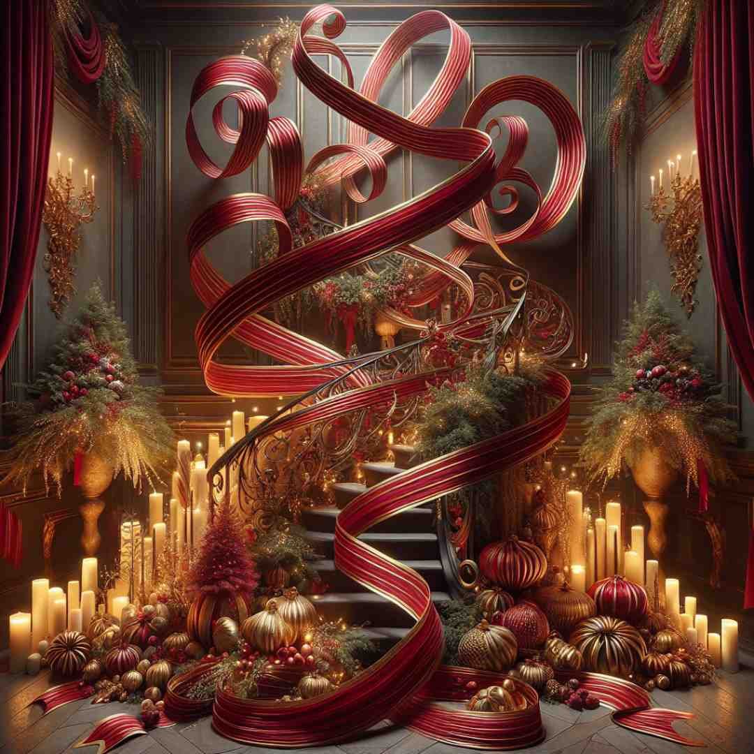 Luxurious Christmas staircase with red ribbon and candle decorations