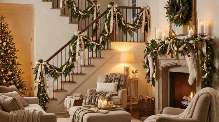Christmas wreath decorated with ribbons and hanging bells on a front door