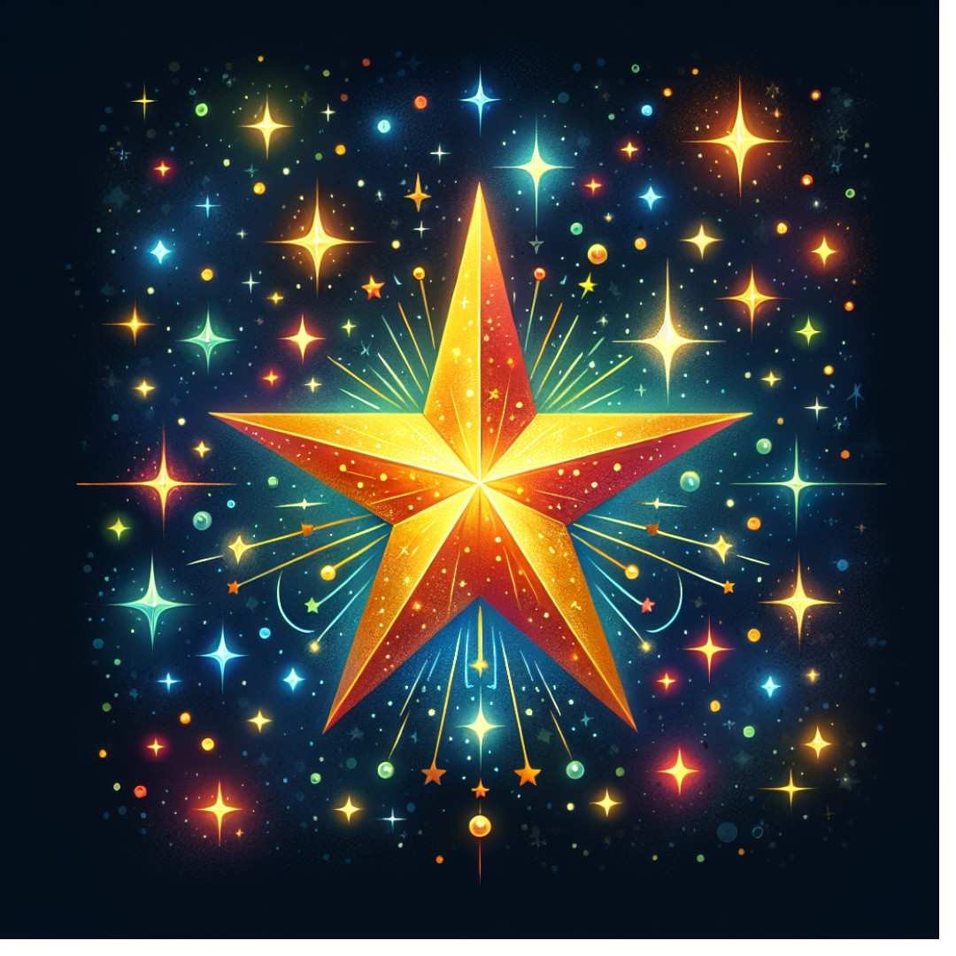 Christmas drawing for kids of a Christmas star with five points, decorated with glittery edges and magical sparkles.