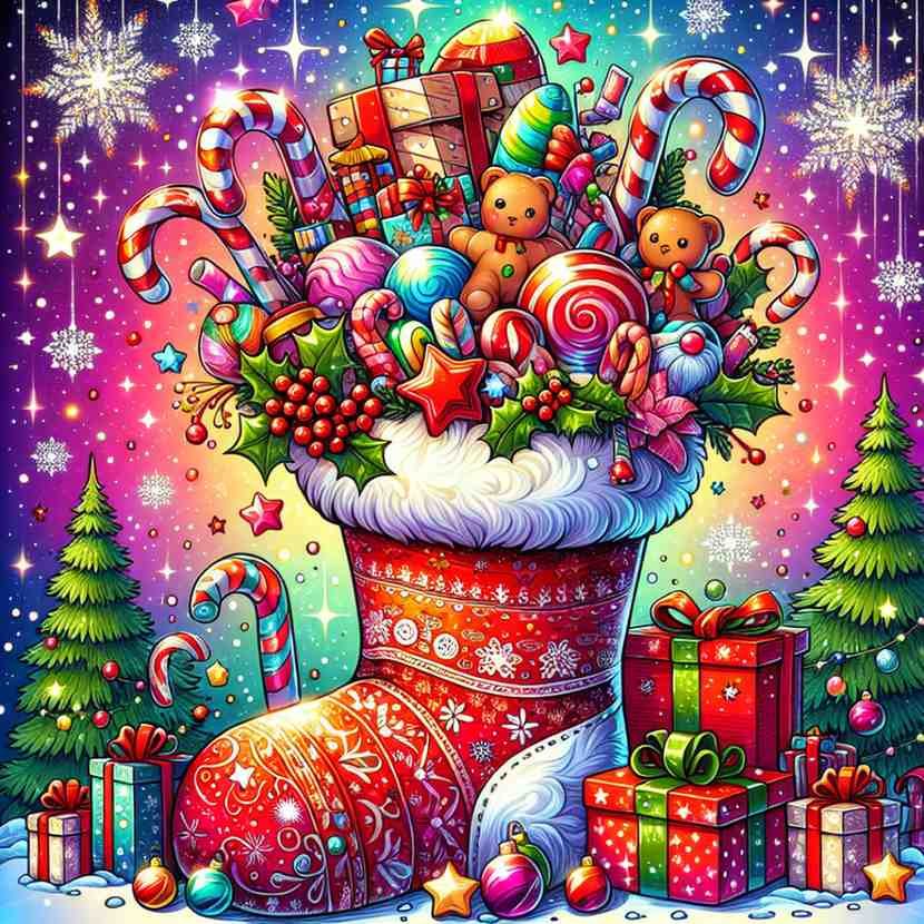 Christmas drawing for kids of a stocking in a sock shape, decorated with holiday patterns and candy canes peeking out.