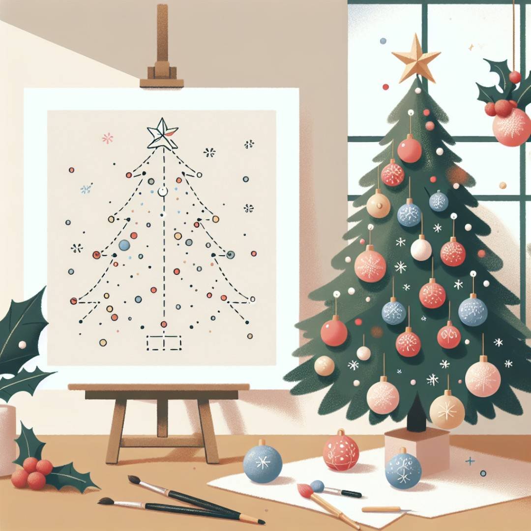 Beautiful Christmas drawing featuring basic festive details like holly leaves and ornaments.
