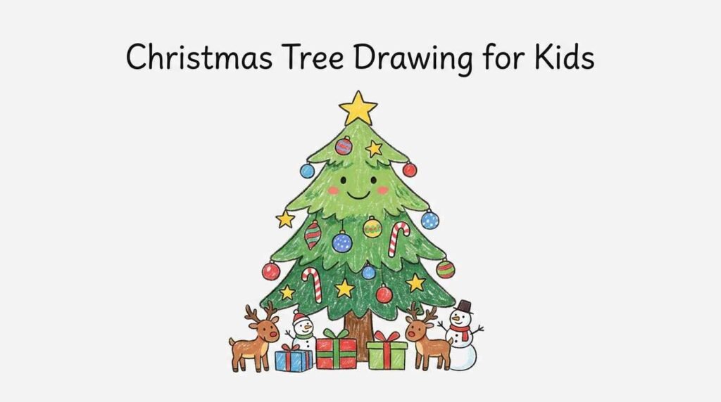 Christmas tree drawing for kids with colorful holiday illustrations