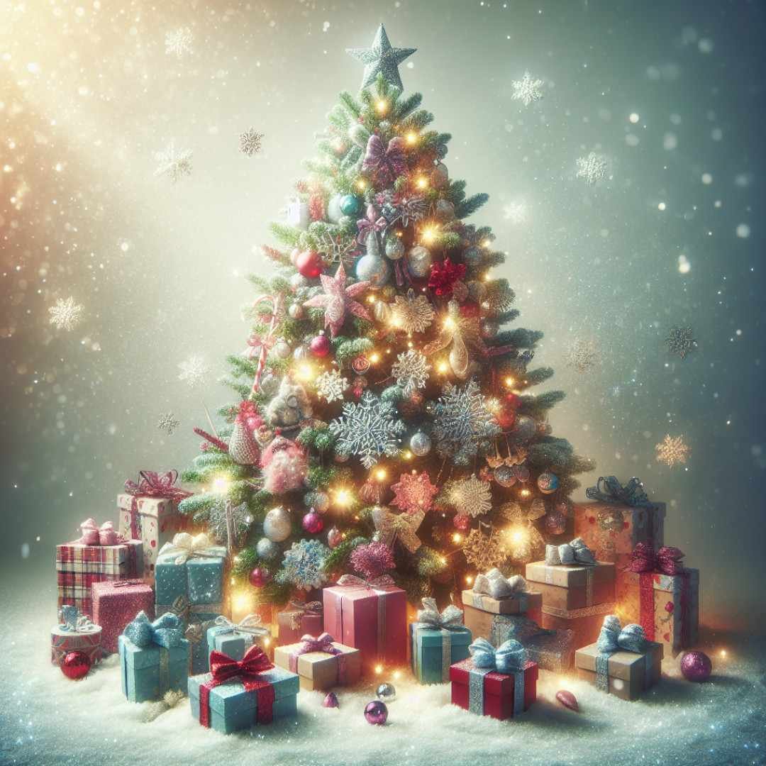 Beautifully decorated Christmas tree with gifts around