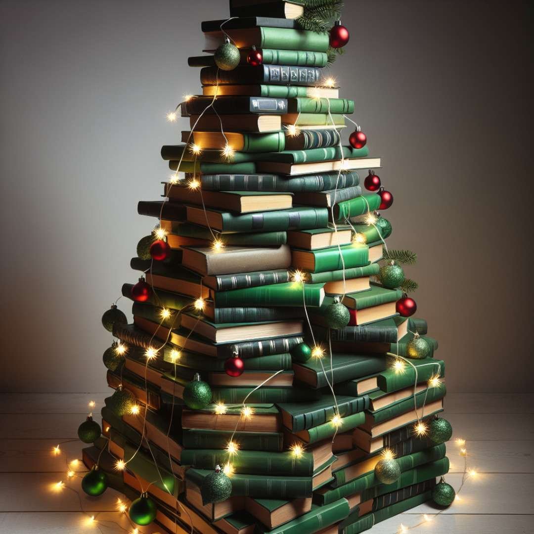 Christmas tree made of stacked green books with fairy lights and ornaments.
