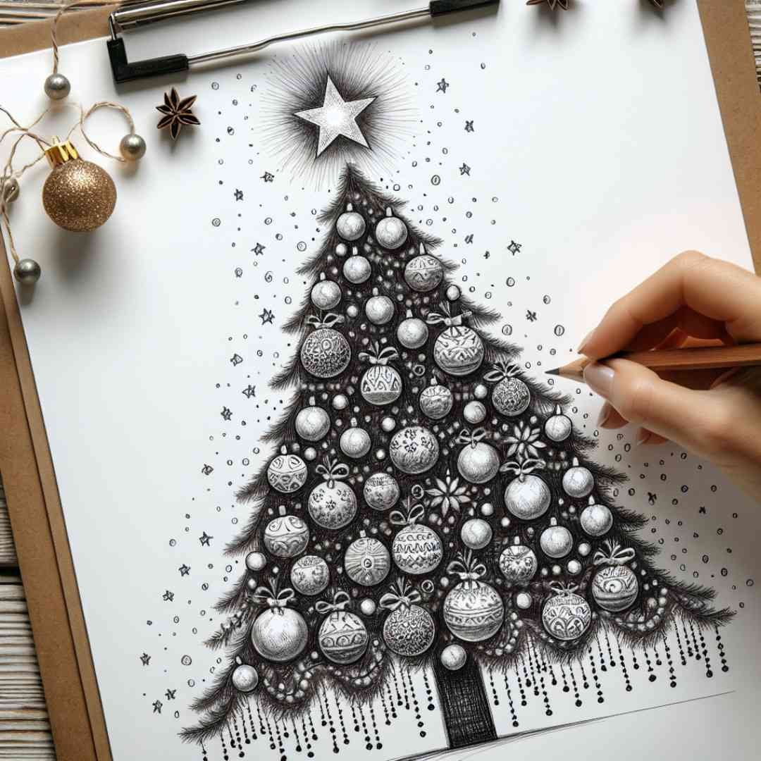 Hand drawing a Christmas tree sketch with ornaments