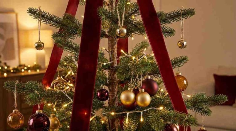 Christmas tree decorated with red ribbons and gold bells