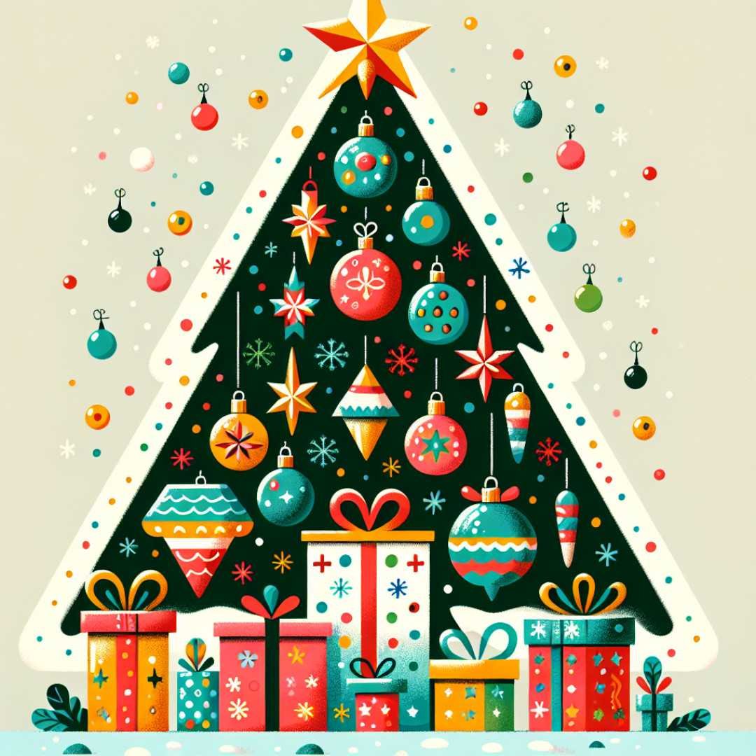 Christmas drawing for kids featuring a Christmas tree with simple triangular shapes, colorful ornaments, and a shining star on top.