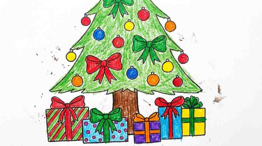 Easy Christmas tree drawing with presents for kids