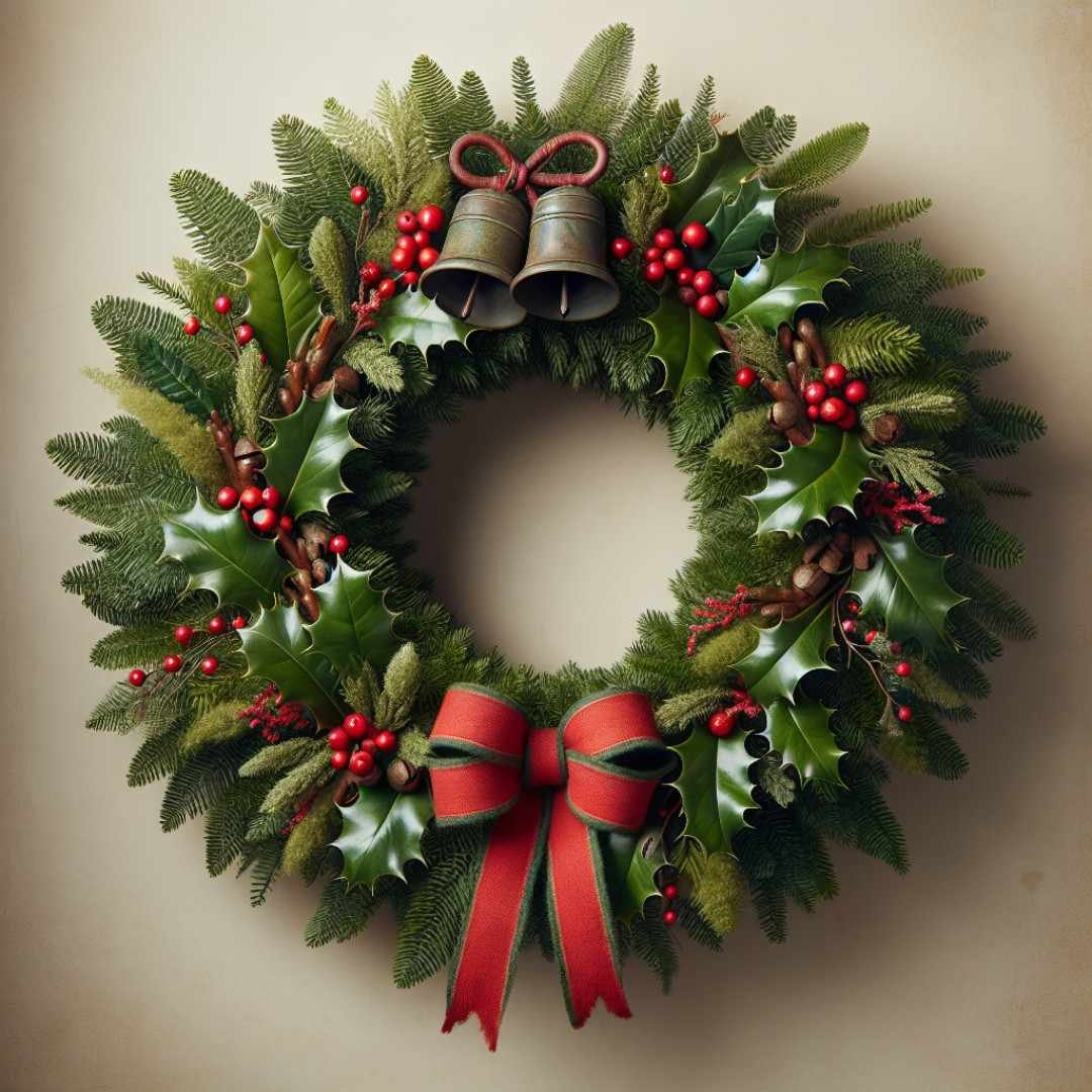A festive wreath featuring rustic Christmas bells intertwined with lush greenery, vibrant red ribbons, and pops of holly berries, evoking a traditional holiday charm.