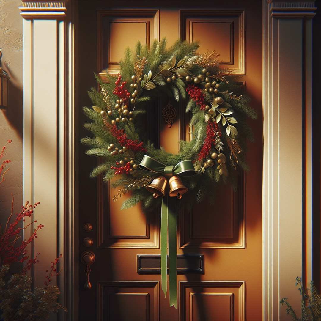 Welcoming front door with a bell-and-ribbon-adorned wreath, exuding festive and inviting charm.