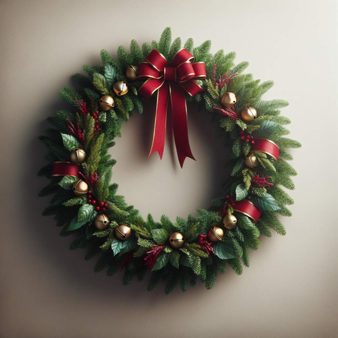 Christmas wreath decorated with red ribbon and golden bells