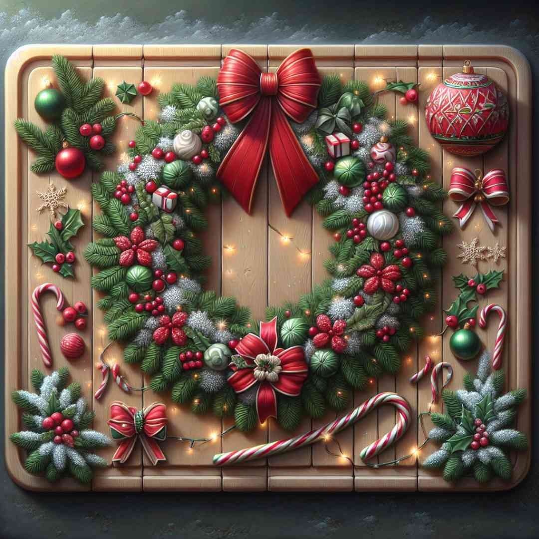 Traditional Christmas wreath board with red bow, ornaments, and candy canes