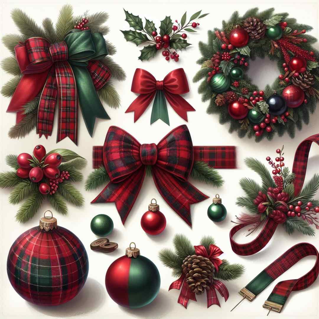 Red and green plaid Christmas bows, wreath, ornaments, and holly decorations.