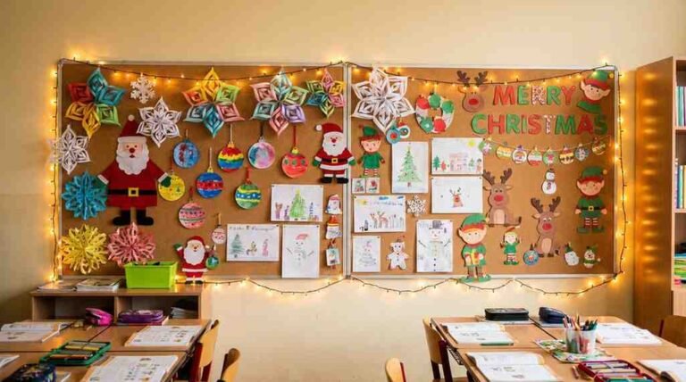 Creative classroom Christmas board decoration with festive student artwork