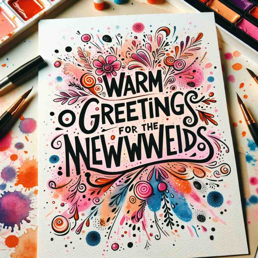 Whimsical newlywed card: A playful greeting card for newlyweds with hand-drawn lettering and colorful watercolor splashes, capturing the joy of a wedding.