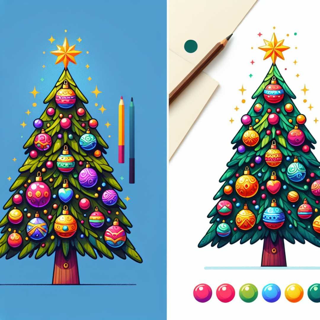 Colorful Christmas tree drawing with ornaments for kids