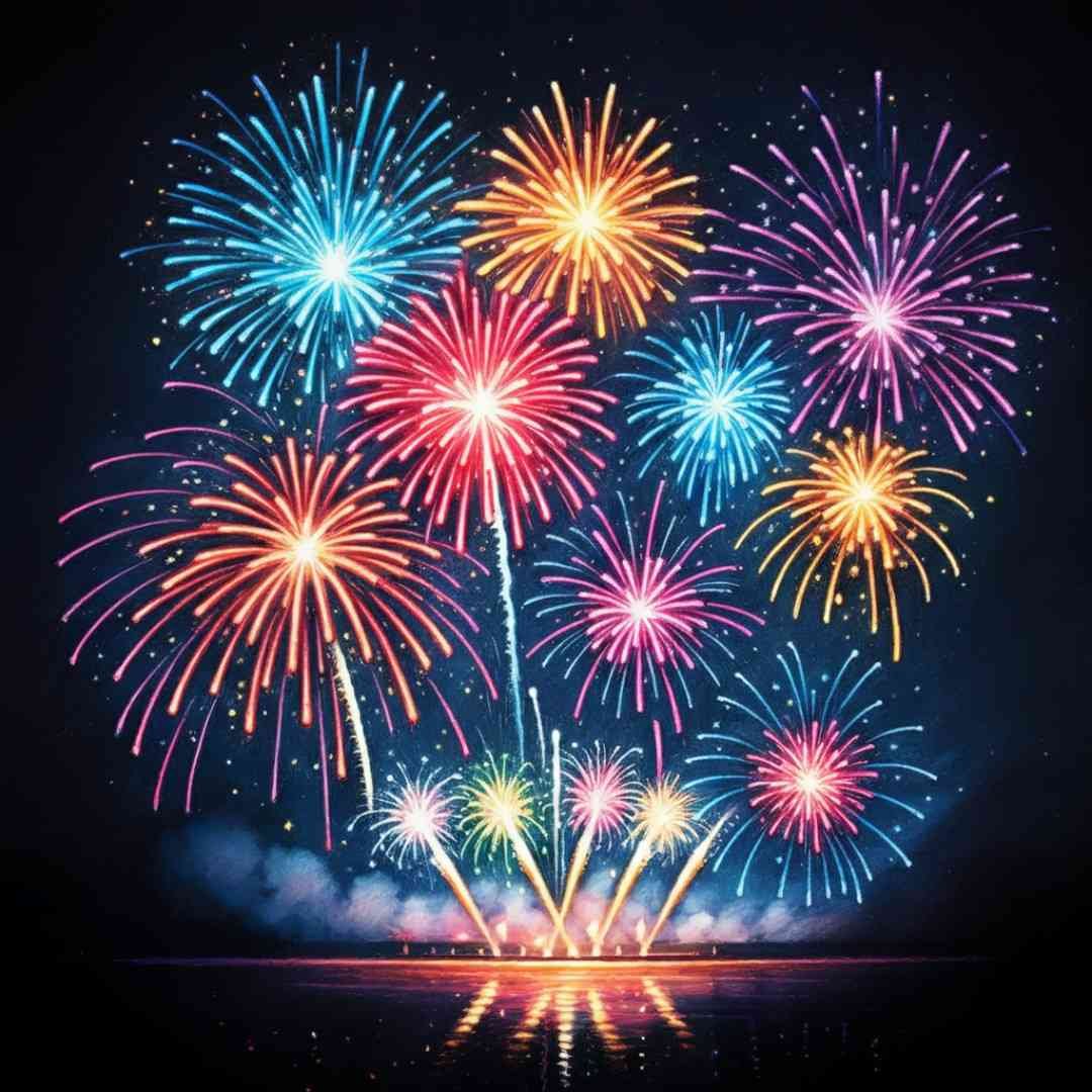 Brightly colored fireworks lighting up the night sky over a water surface
