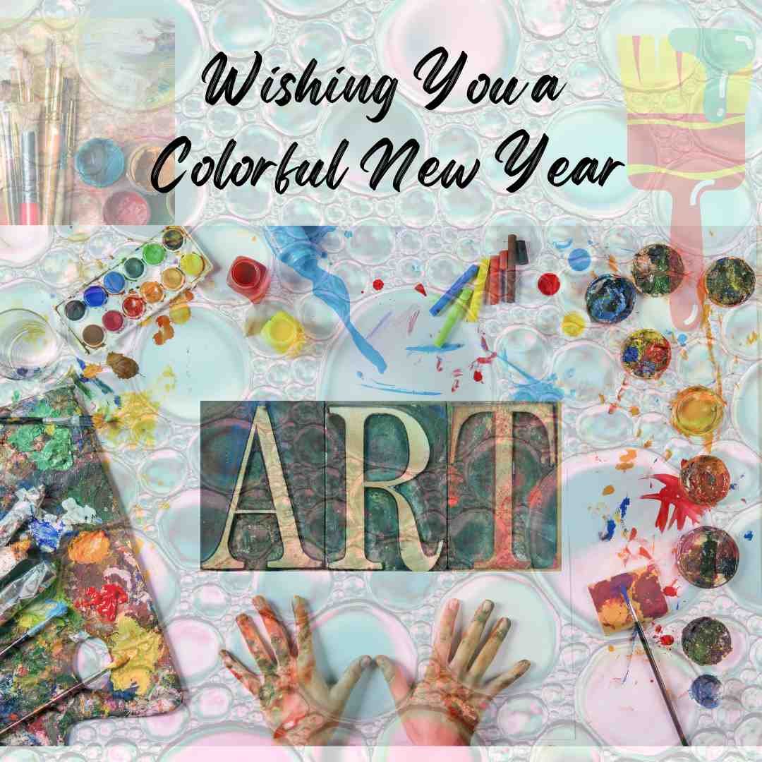 Colorful New Year greeting for art teacher with paints and brushes