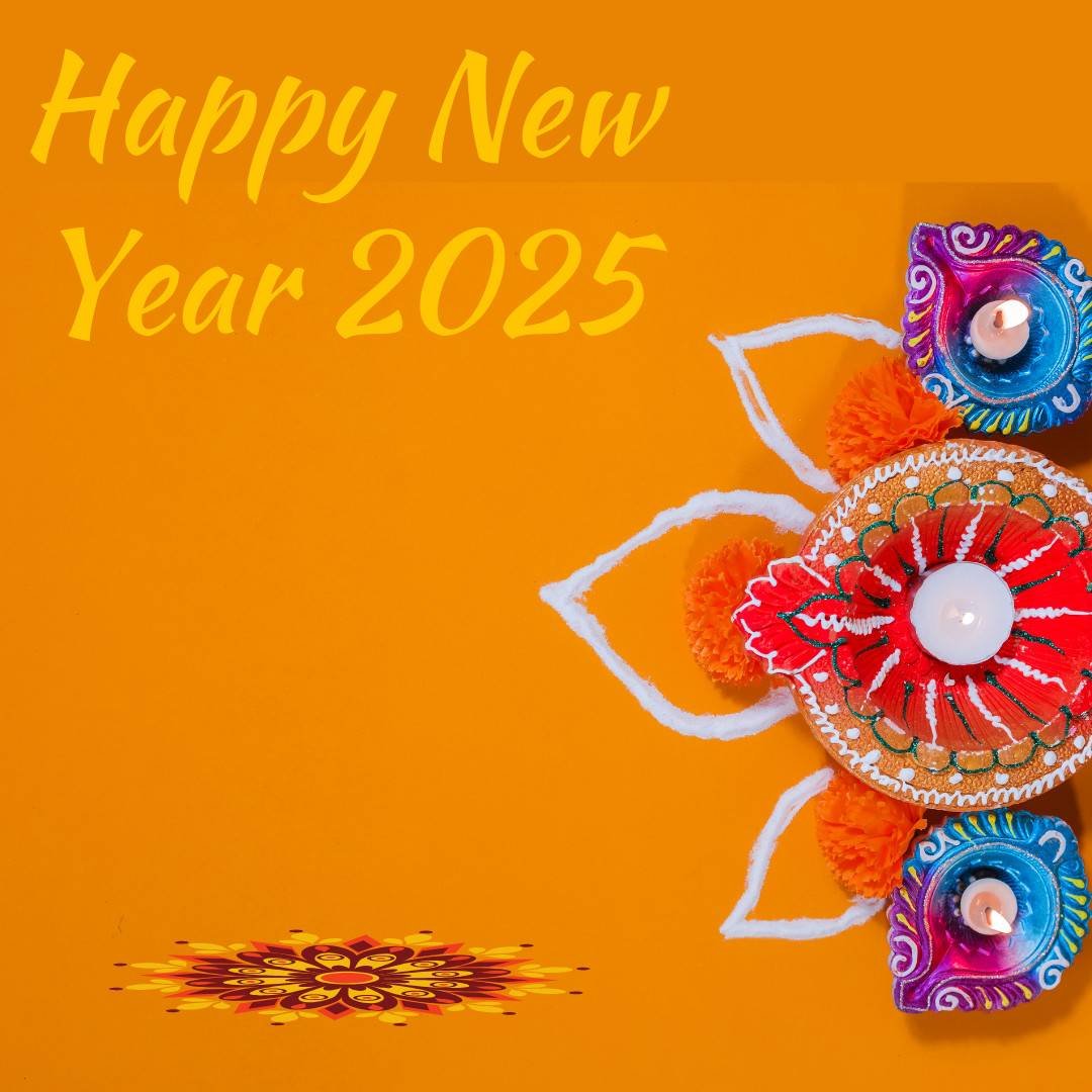 Colorful rangoli design with Happy New Year 2025 greeting