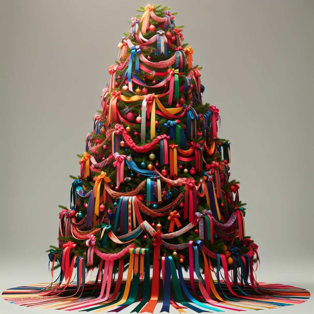 Christmas tree decorated with colorful yarn garlands.