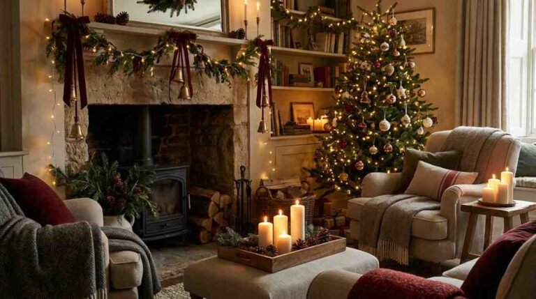 Cozy Christmas living room decorated with bells and ribbons
