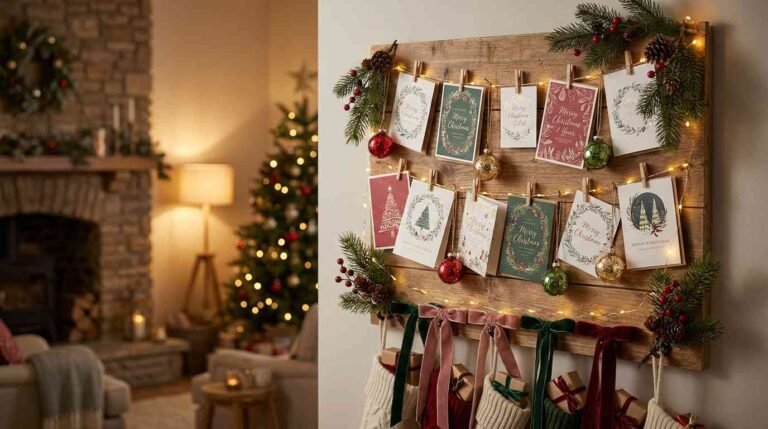 Cozy Christmas board display with lights and festive decorations