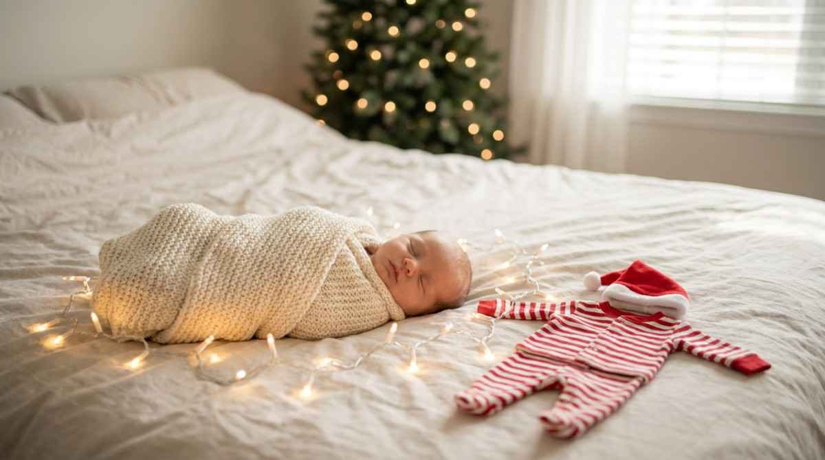 Cozy Christmas morning newborn photoshoot idea
