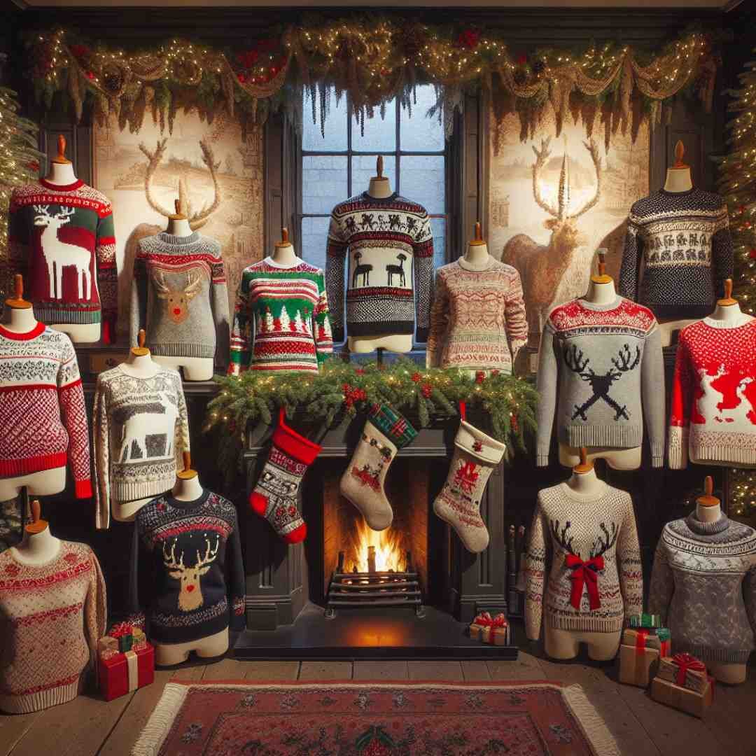 Christmas outfits featuring an array of cozy, festive sweaters adorned with reindeer and snowflake patterns, perfect for casual holiday gatherings. Set in a warm, inviting environment with holiday decorations like twinkling lights and garlands, reflecting the joyful spirit of the season.