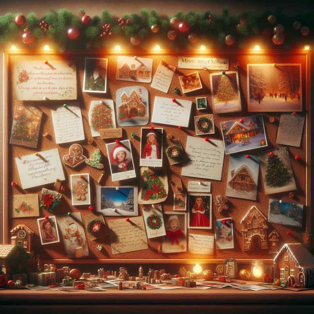 Christmas inspiration board with photos, garland, and festive lights