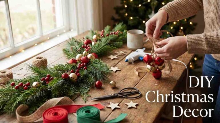 DIY Christmas bell and ribbon decoration project on a wooden table