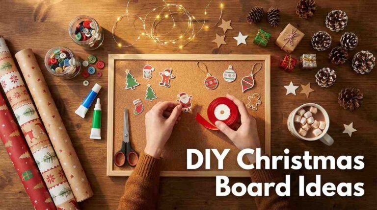 DIY Christmas board decoration setup with craft materials and ornaments