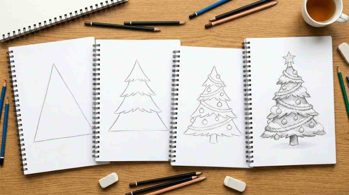 Easy Christmas tree drawing tutorial with ornaments and lights