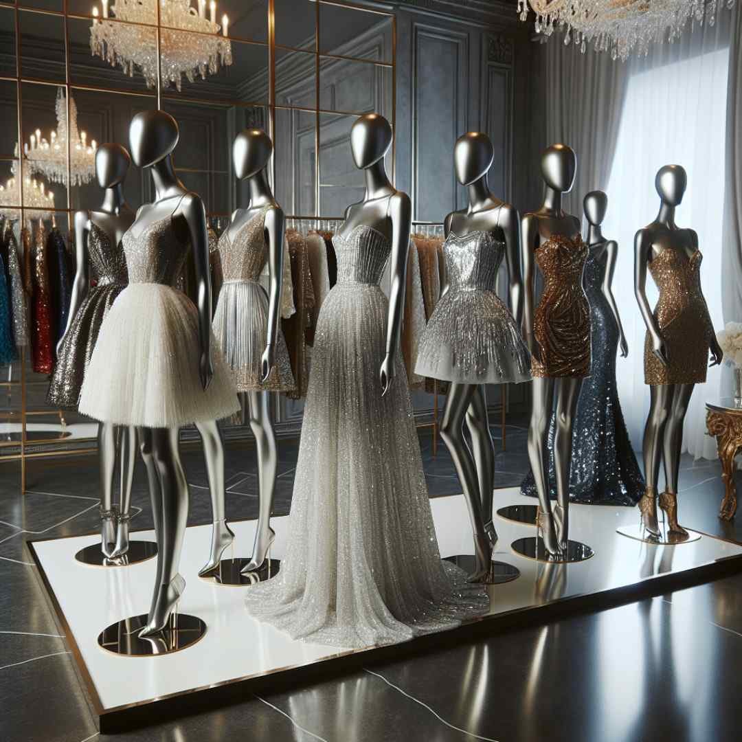 Elegant Christmas evening dresses on mannequins in a boutique setting.