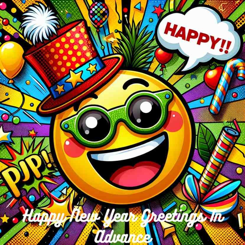 A cheerful emoji in party attire with sunglasses and a top hat, surrounded by festive decorations and the text “Happy New Year Greetings in Advance.”