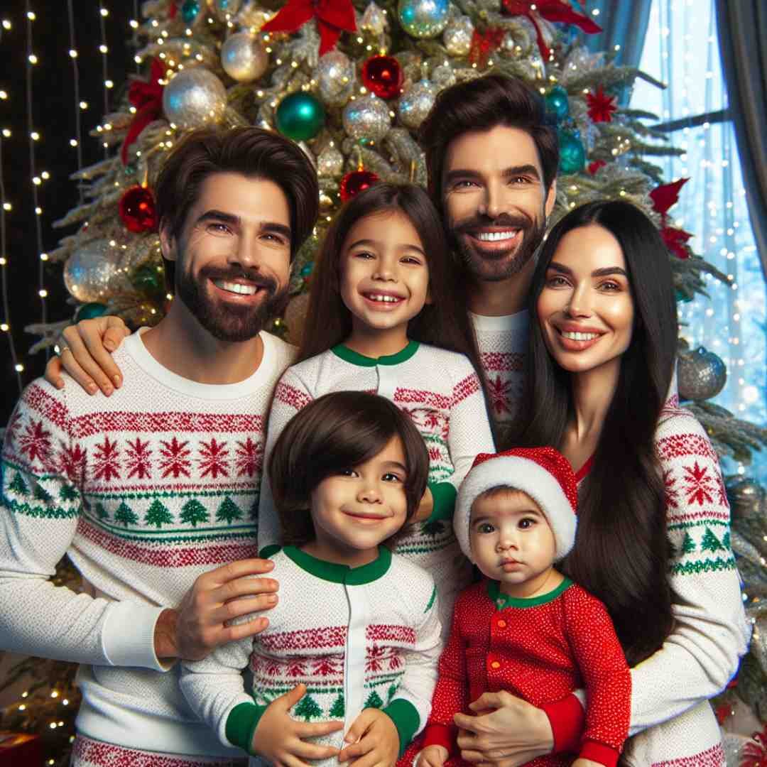 Family in matching Christmas sweaters posing together under a festive tree.