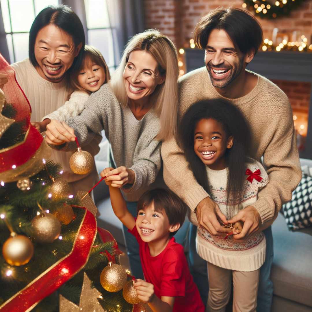 Family decorating a Christmas tree with bells and ribbons, capturing a joyful and festive holiday moment.