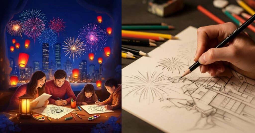 Family sketching fireworks together with lanterns lighting up the New Year night sky