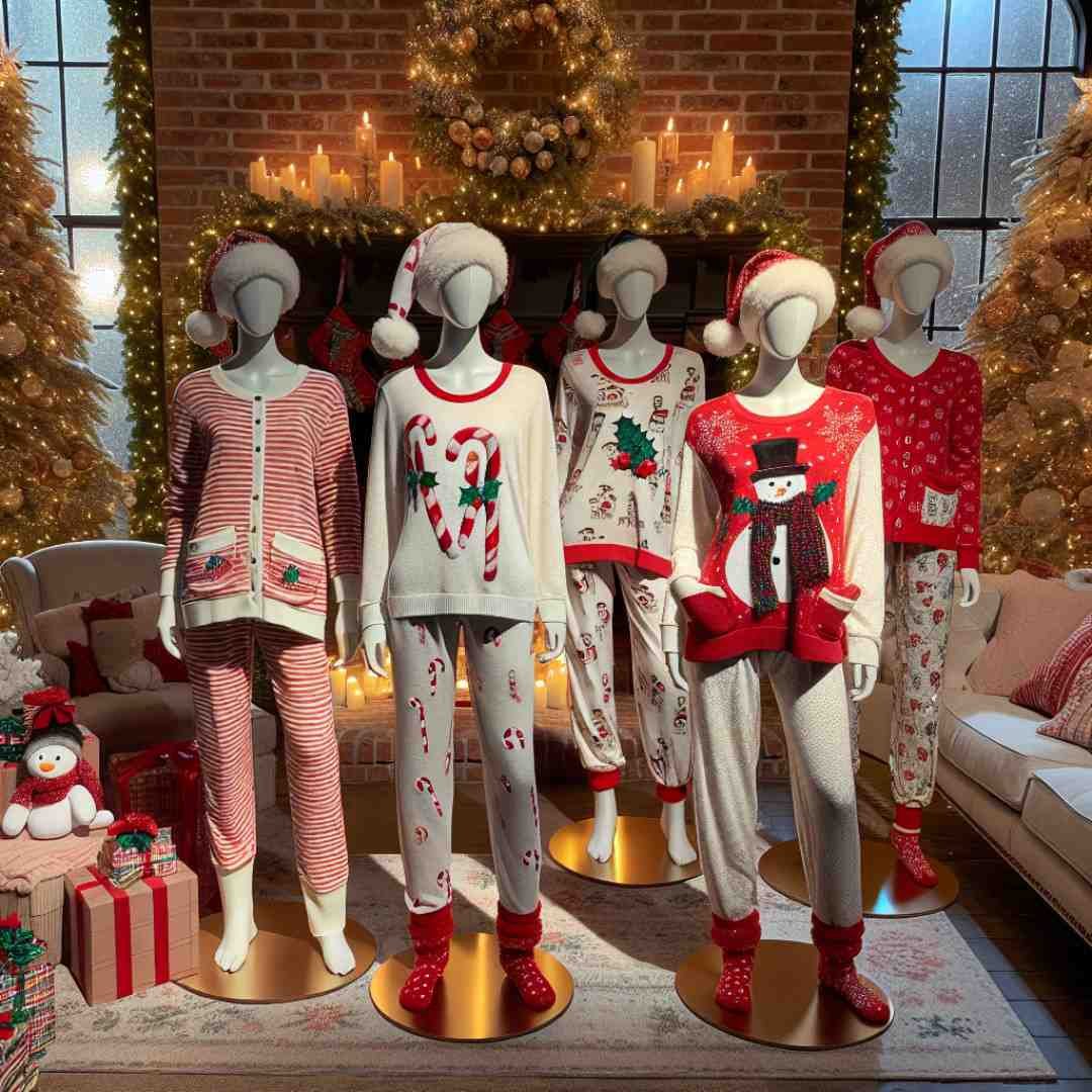 Christmas outfits showcasing holiday loungewear and pajamas, designed for comfort and festive spirit. The scene depicts a relaxed and joyful living room with cozy, patterned pajamas, perfect for Christmas mornings, surrounded by holiday decorations like a glowing Christmas tree and twinkling lights.