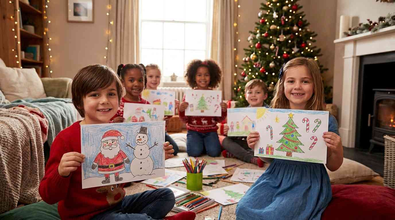 Finished Christmas drawings for kids featuring festive holiday sketches