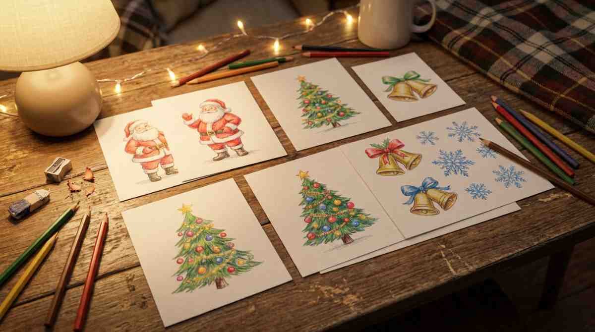 Finished Christmas drawings featuring Santa Claus and Christmas tree sketches