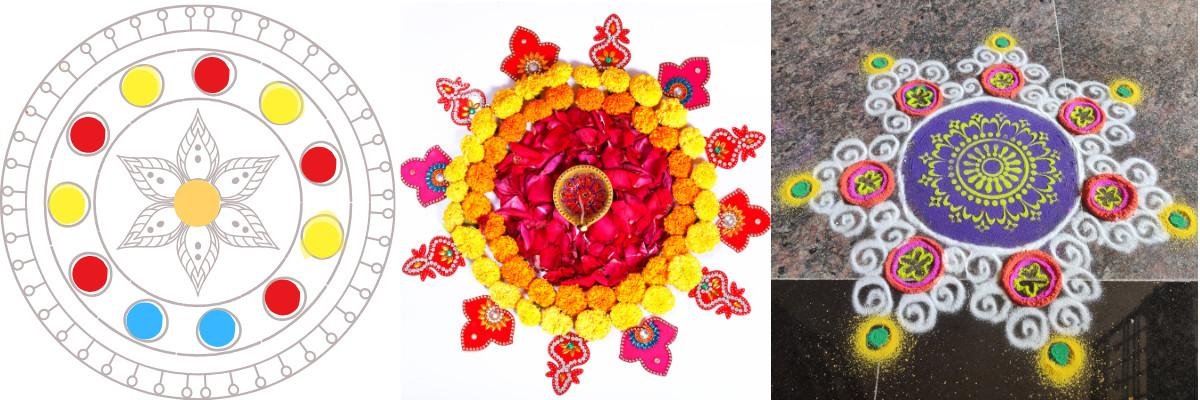 Bright floral rangoli with marigold and rose petals arranged in a circular pattern