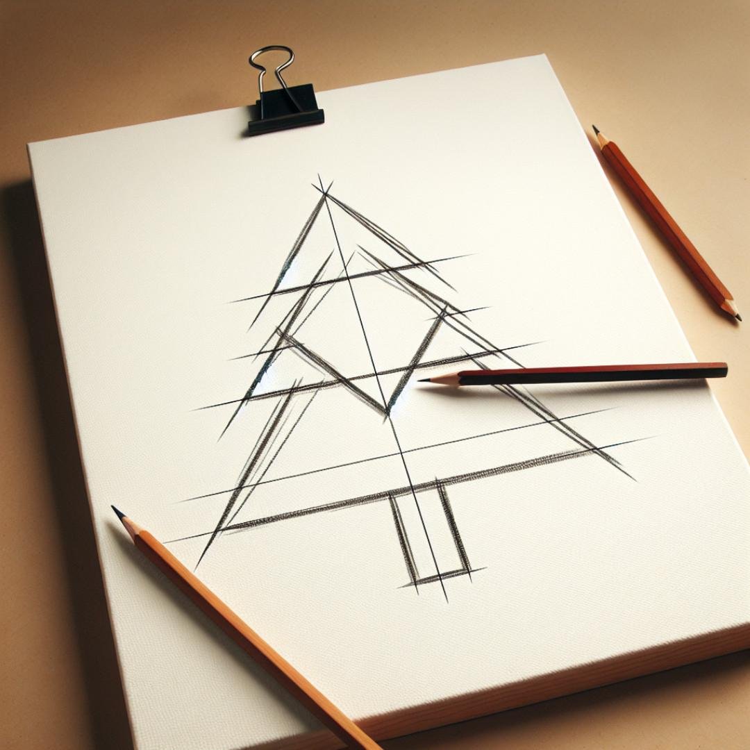 Geometric outline of a Christmas tree sketch on paper