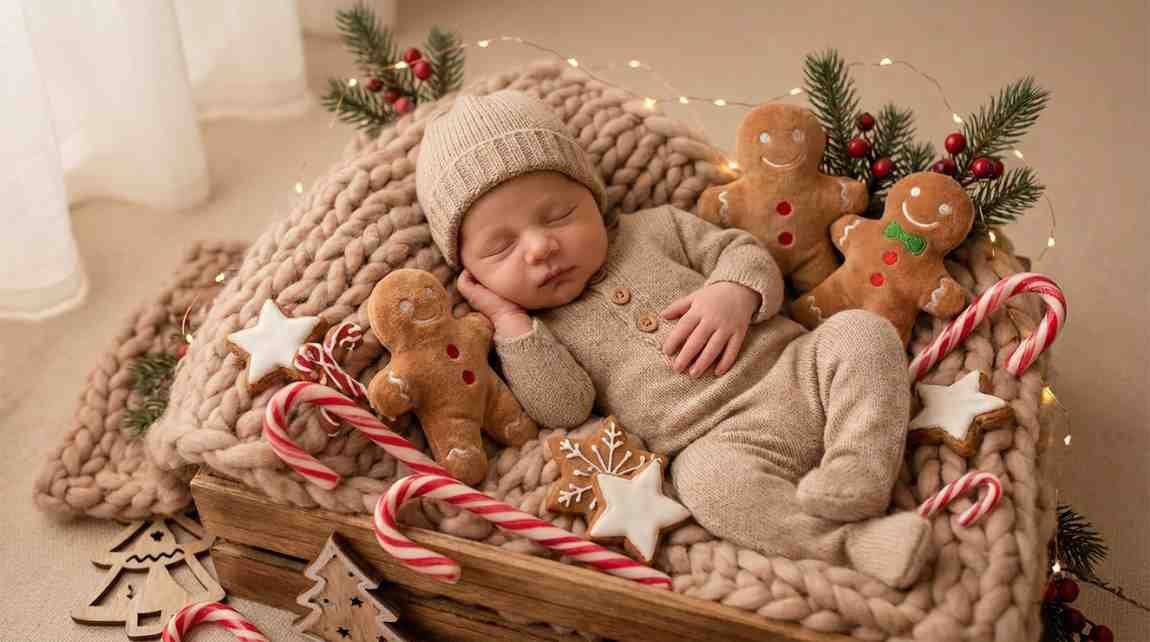 Candy cane and gingerbread newborn Christmas setup