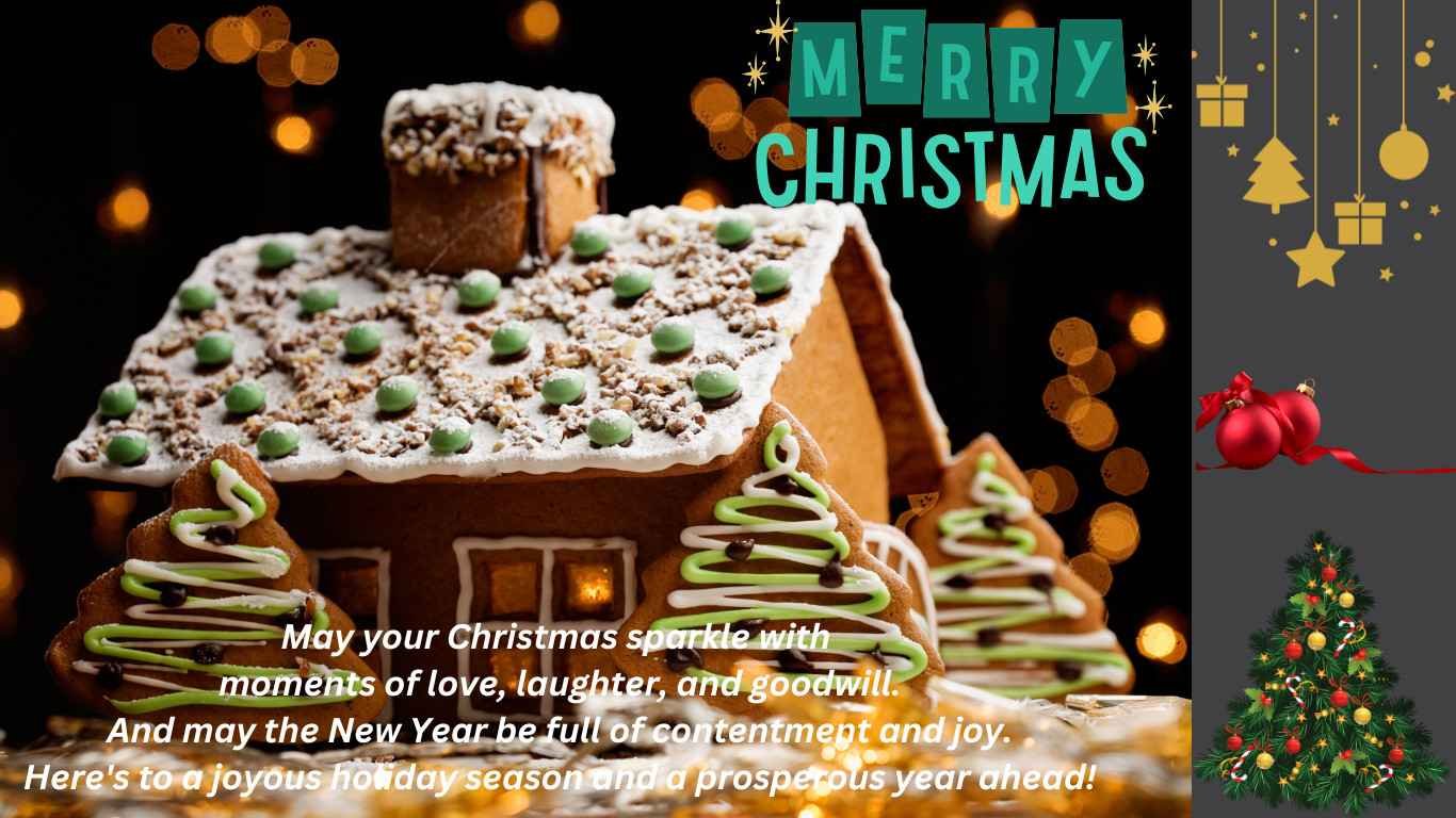 Festive gingerbread house with Christmas trees and holiday message