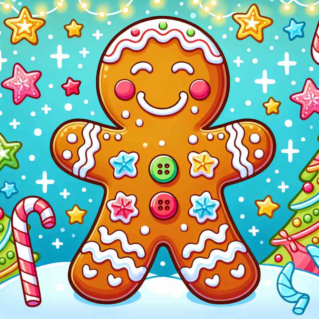 Christmas drawing for kids of a gingerbread man with simple shapes, icing patterns, and cheerful decorations.